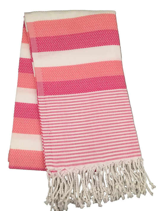 Hierapolis Pamukkale peshtemal – pink and white striped Turkish towel, folded