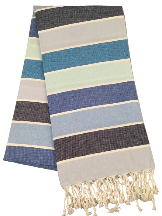 Iasos peshtemal – blue and green striped Turkish towel with white fringe