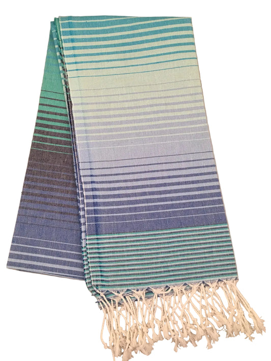 Kibyra peshtemal – gradient blue striped dobby towel with white fringe