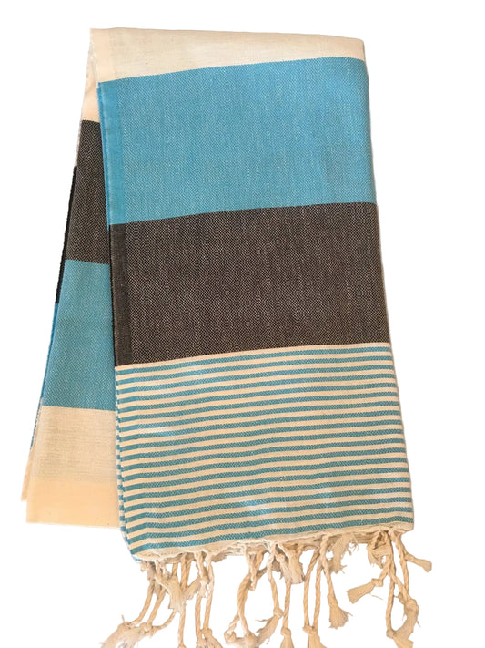 Lagina peshtemal – turquoise and gray striped dobby towel, folded
