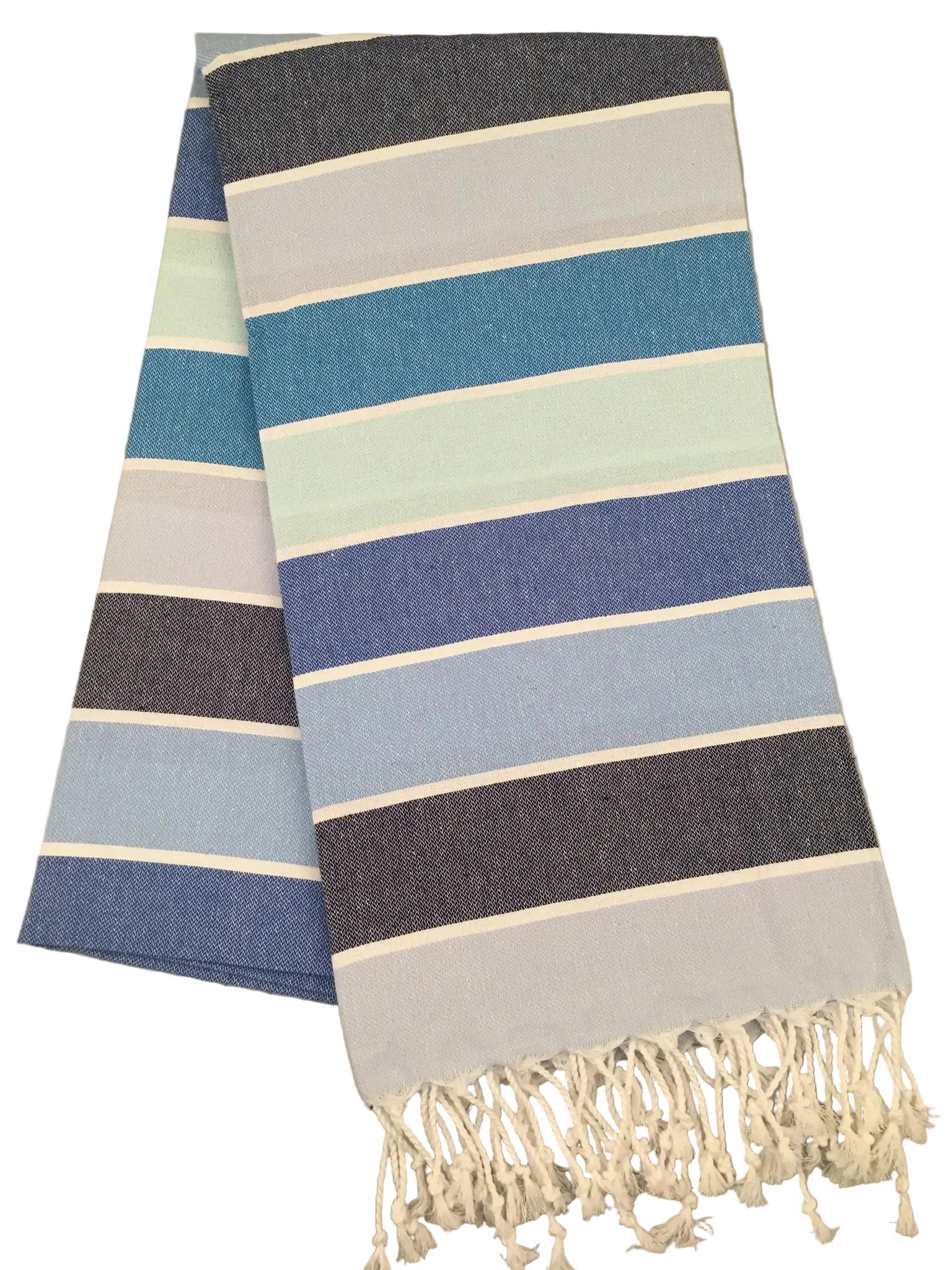 Iasos peshtemal – blue and green striped Turkish towel with white fringe