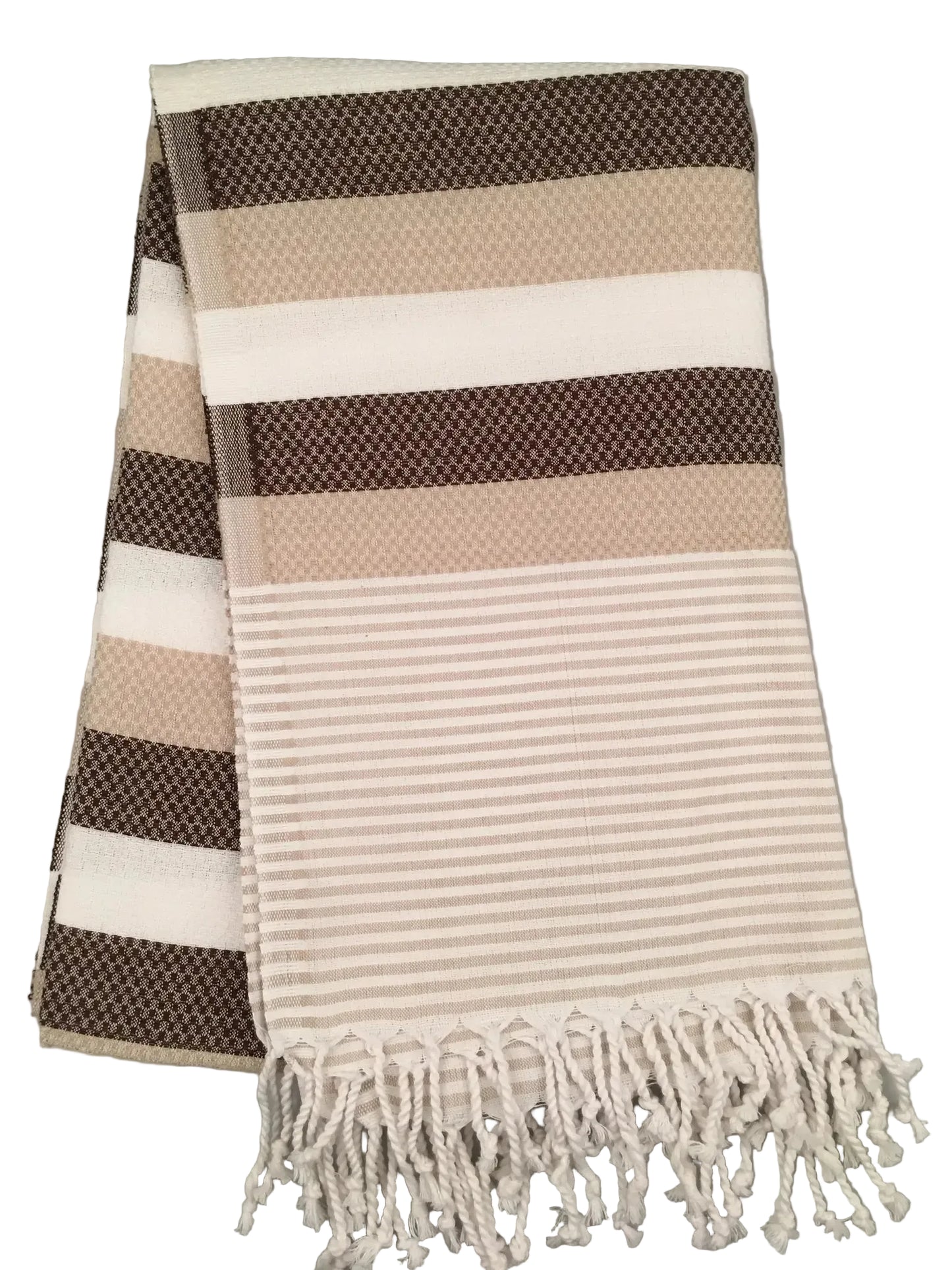Hierapolis Pamukkale peshtemal – brown and beige striped dobby towel with fringed edges