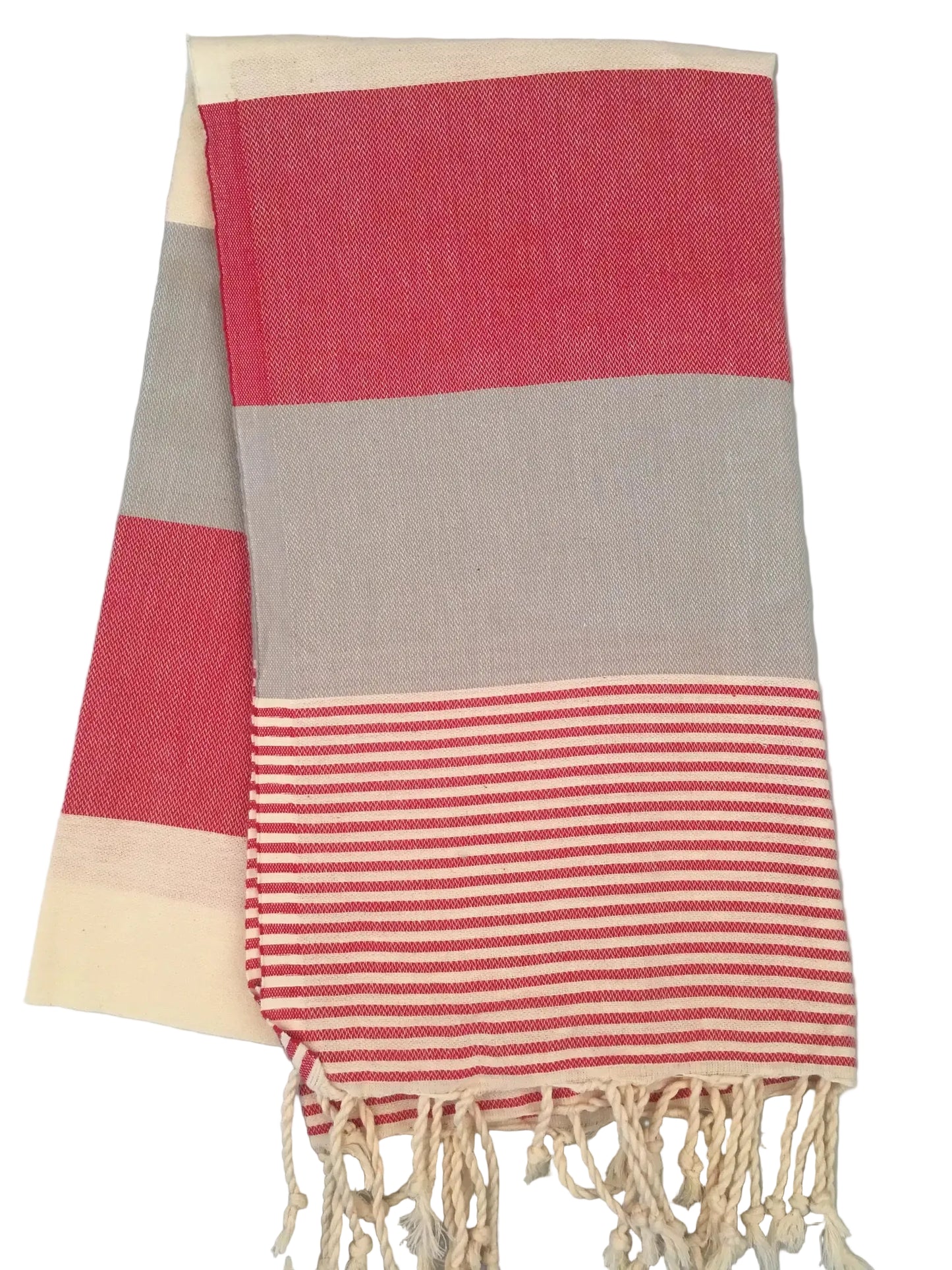 Lagina peshtemal – red and gray striped dobby towel, folded view