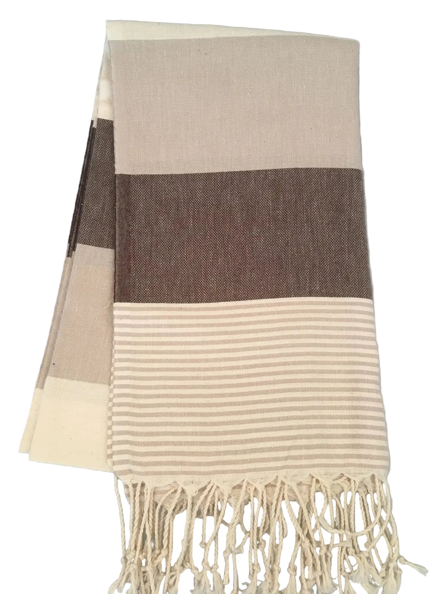 Lagina peshtemal – beige and brown striped Turkish towel with tasseled ends