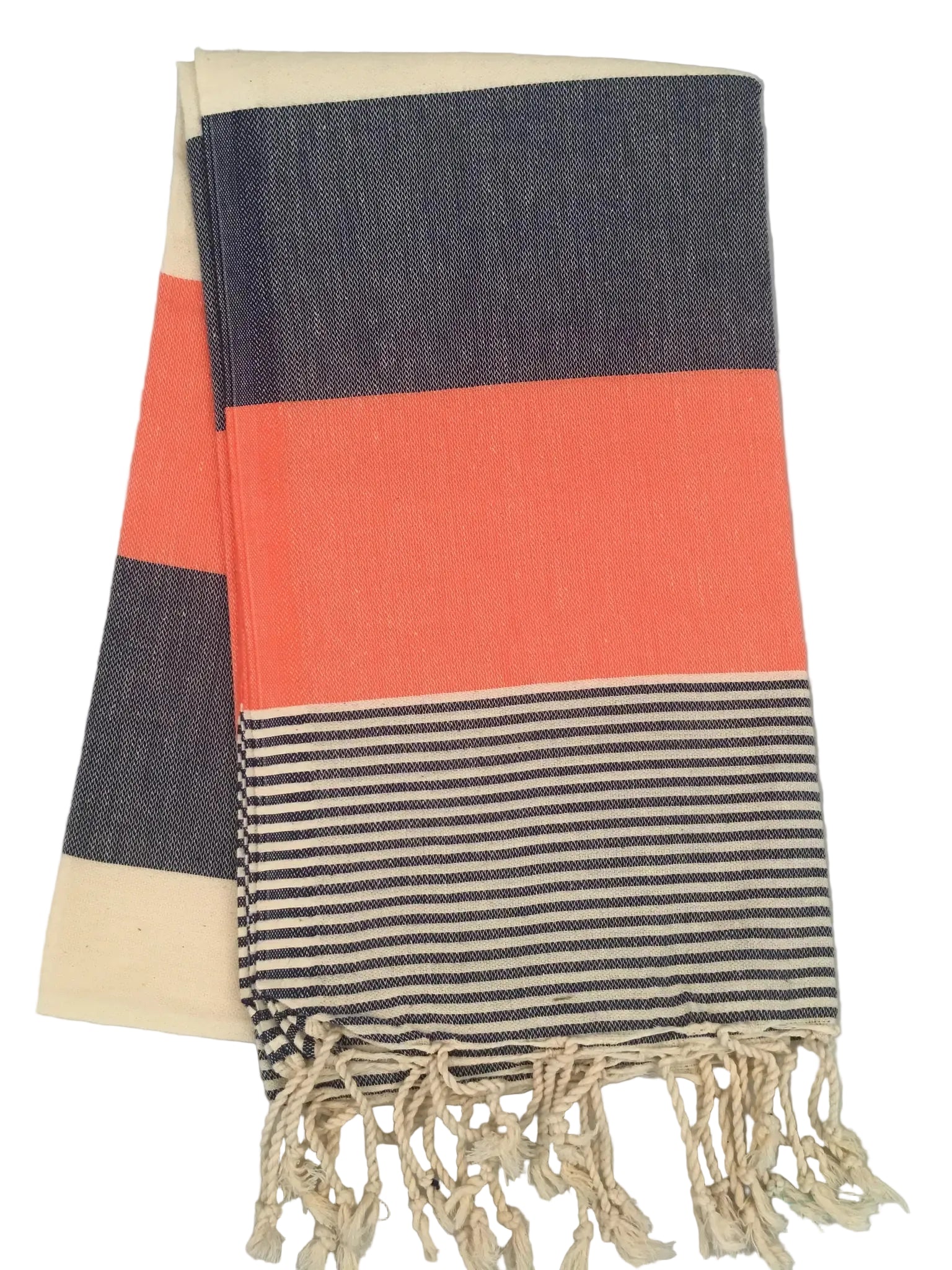 Lagina peshtemal – navy, coral and cream striped Turkish towel with fringed edges