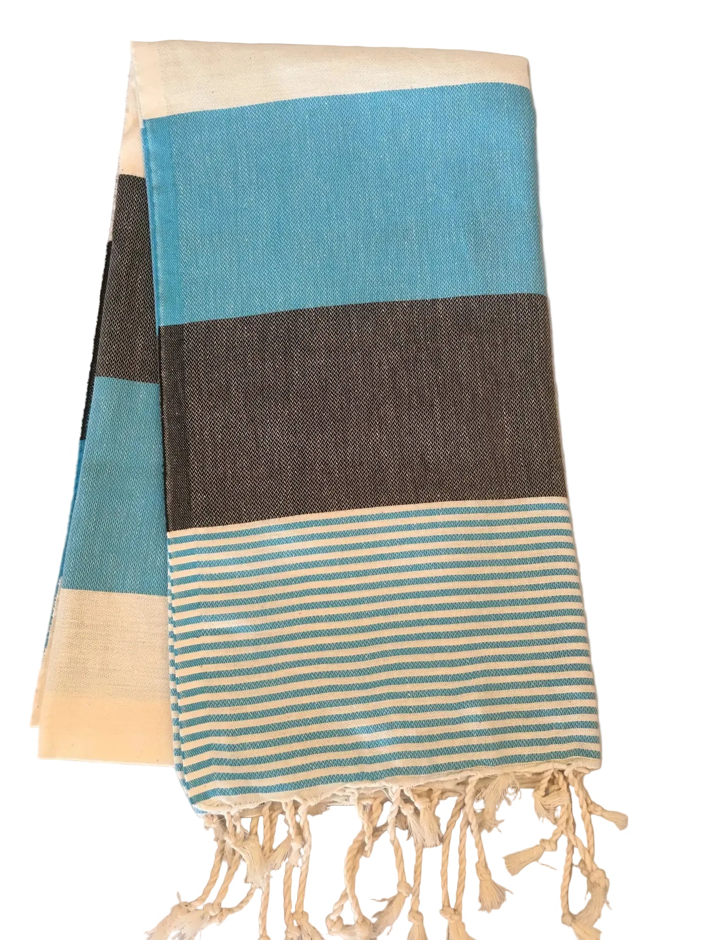 Lagina peshtemal – turquoise and gray striped dobby towel, folded