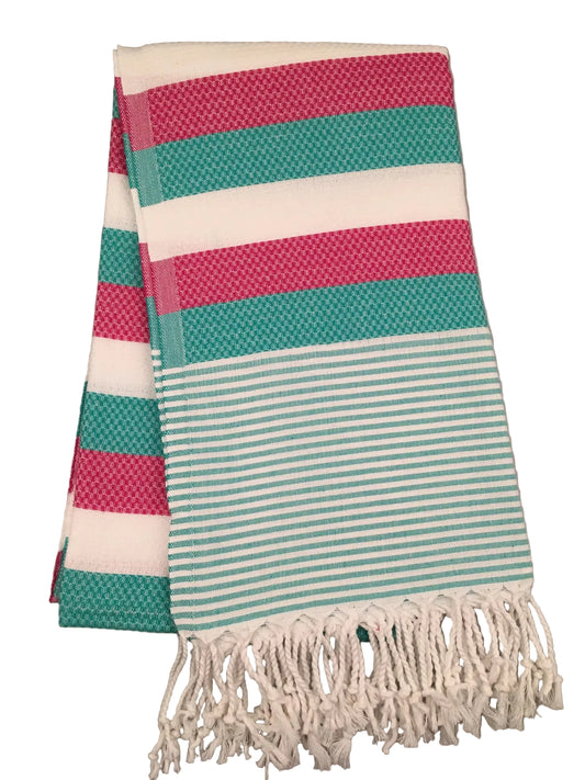 Hierapolis Pamukkale peshtemal – turquoise and pink striped Turkish towel with fringe
