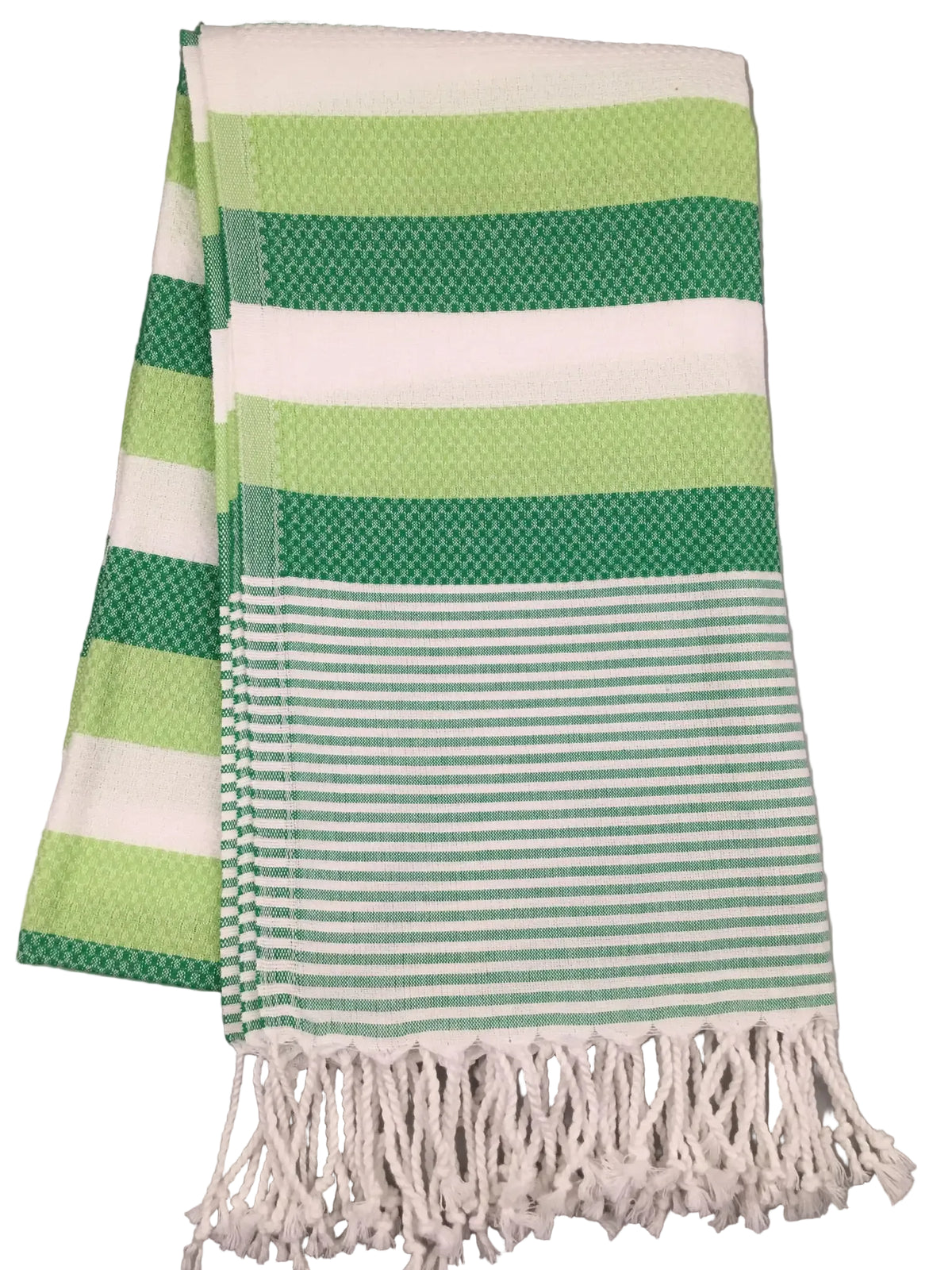 Hierapolis Pamukkale peshtemal – green and white striped dobby towel with fringed edges