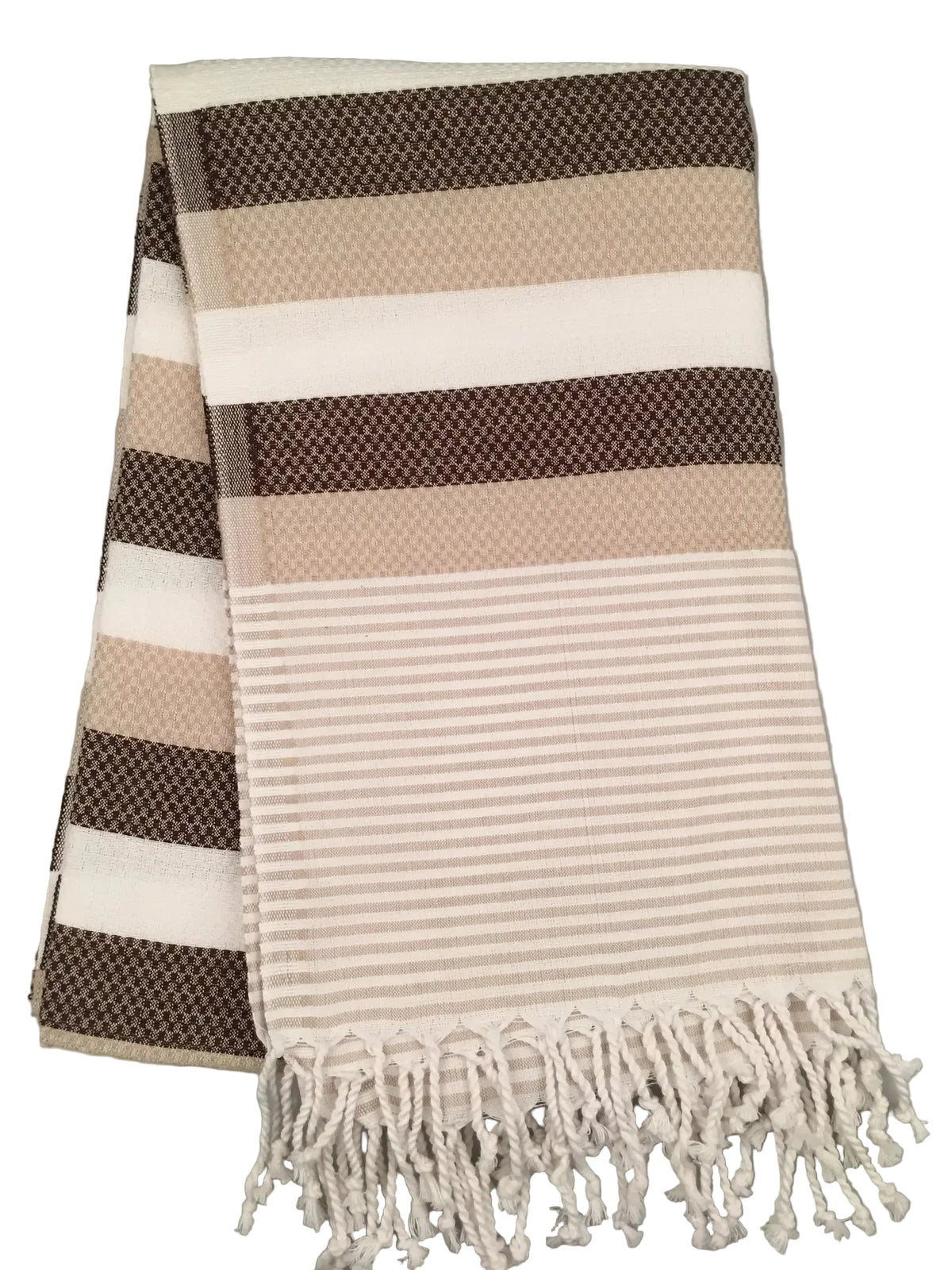 Hierapolis Pamukkale peshtemal – brown and beige striped dobby towel with fringed edges