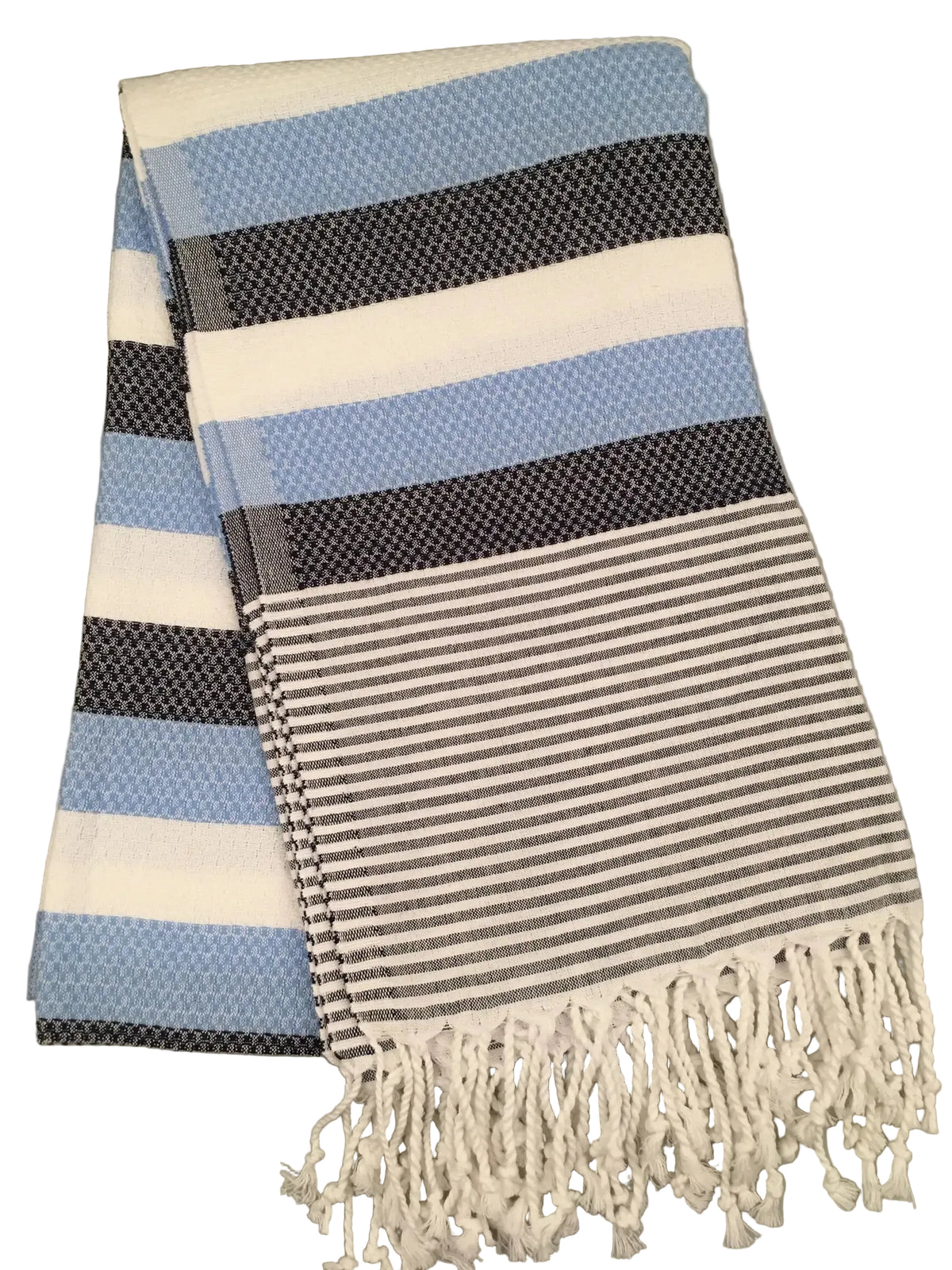 Hierapolis Pamukkale peshtemal – blue and white striped dobby towel, folded view