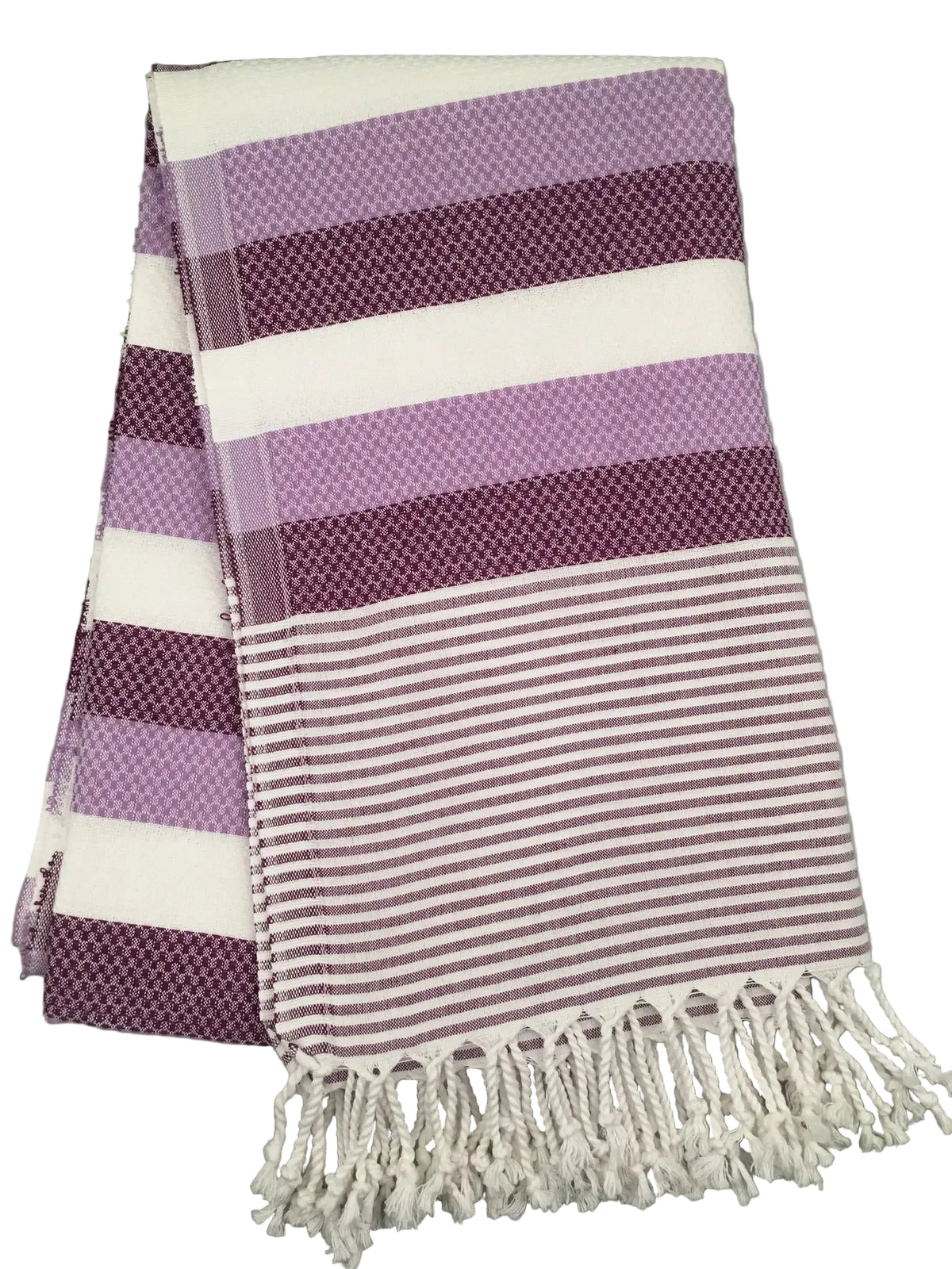 Hierapolis Pamukkale peshtemal – purple and white striped dobby towel with fringed edges
