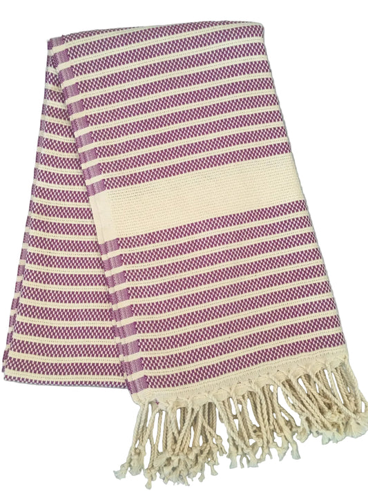 Hittite peshtemal – purple and cream striped dobby towel with fringed edges