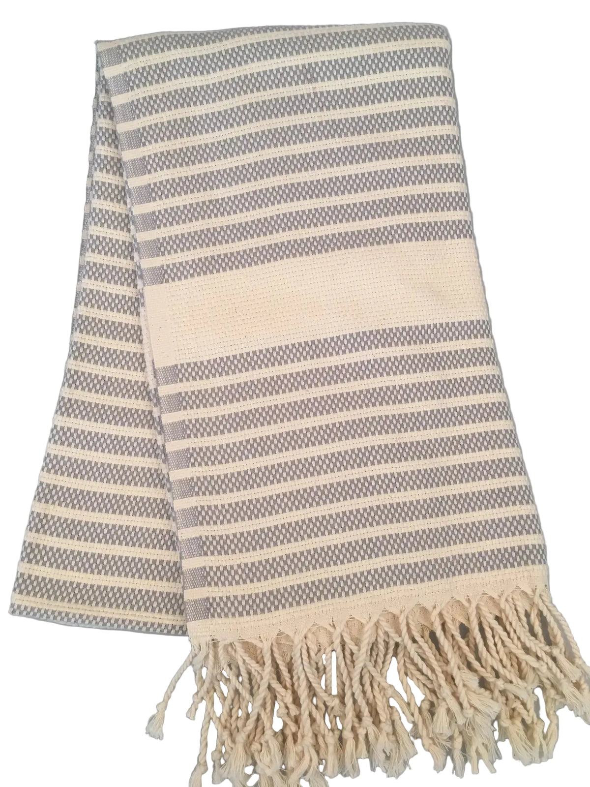 Hittite peshtemal – gray and cream striped dobby towel, laid flat