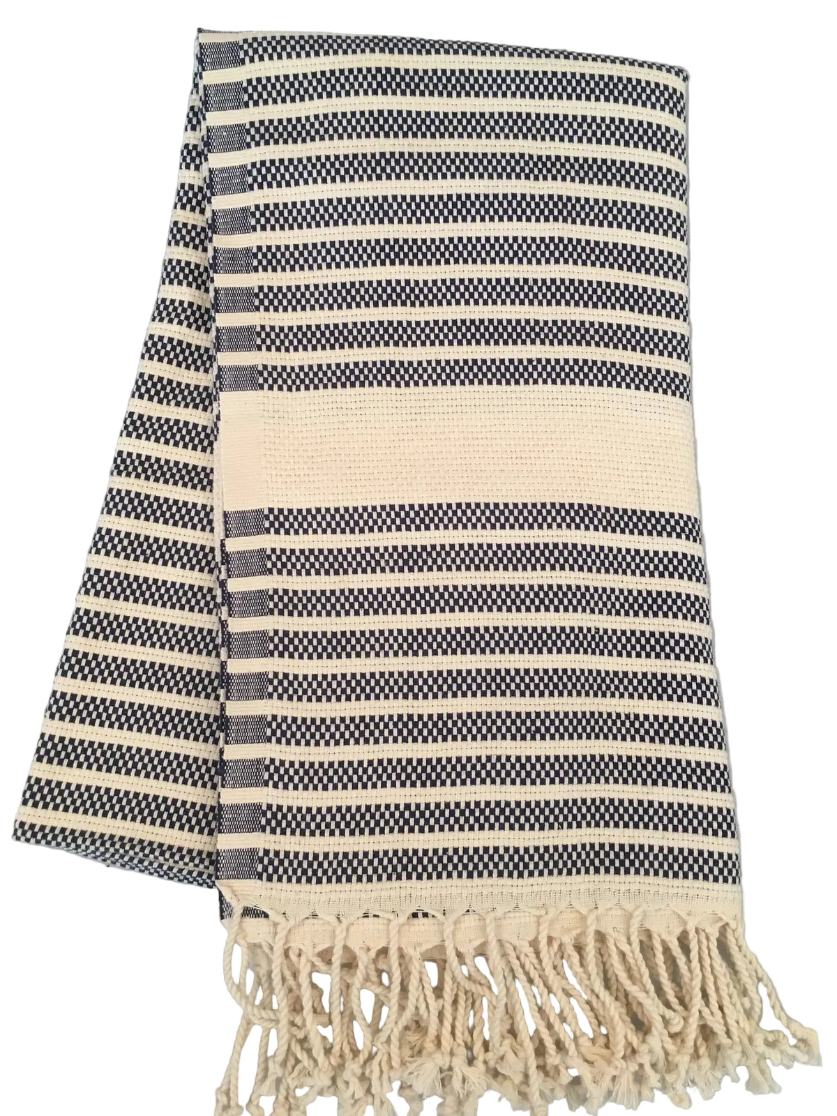 Hittite peshtemal – navy and white striped Turkish towel with fringed edges