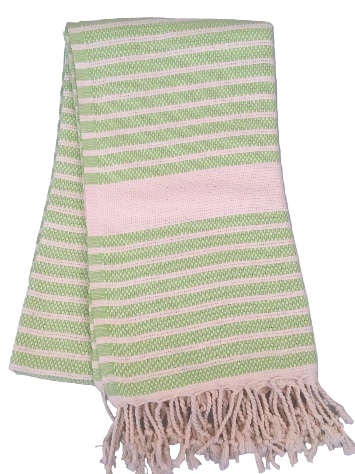 Hittite peshtemal – green and white striped Turkish towel with fringed edges