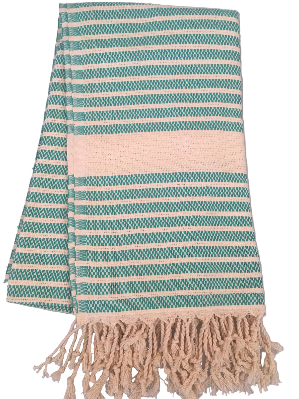 Hittite peshtemal – turquoise and white striped dobby towel, laid flat