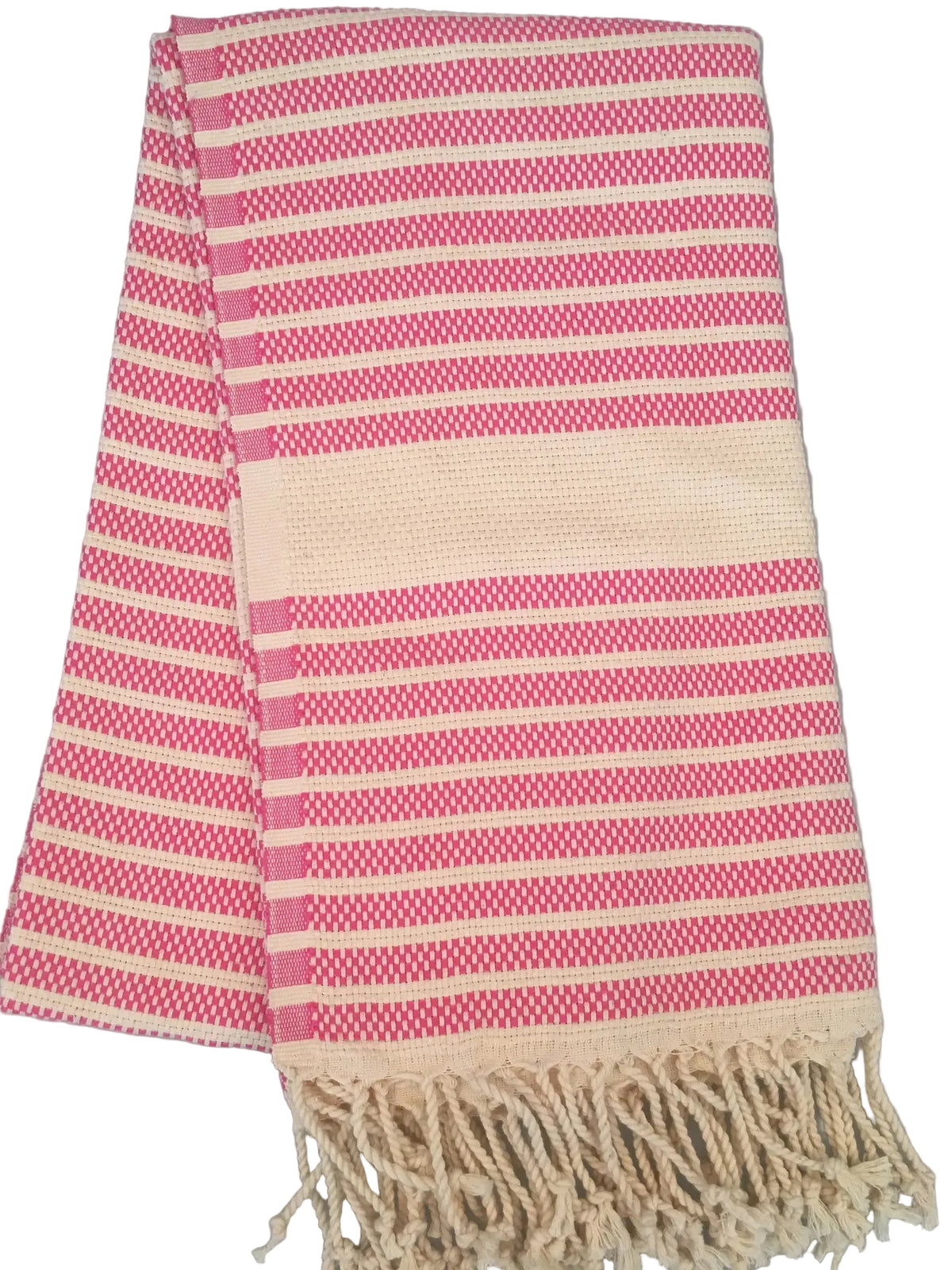 Hittite peshtemal – pink and cream striped dobby towel, folded