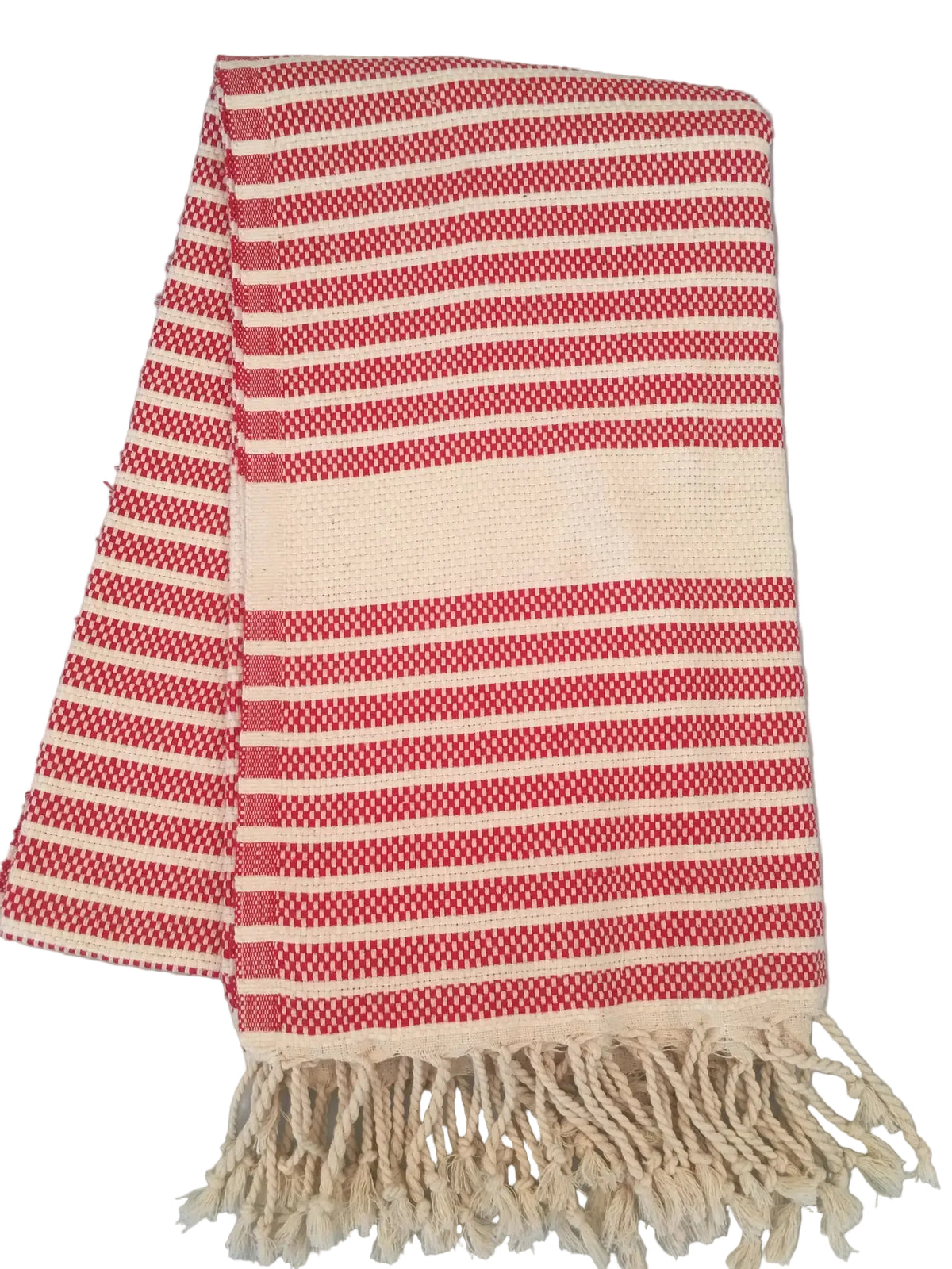 Hittite peshtemal – red and white striped Turkish towel with fringed edges