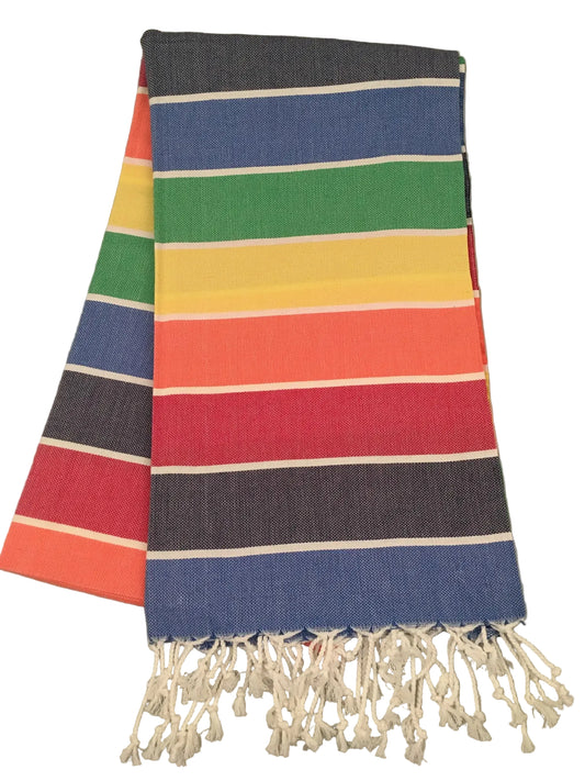 Iasos peshtemal – colorful horizontal striped Turkish towel in blue, green, yellow, red and orange