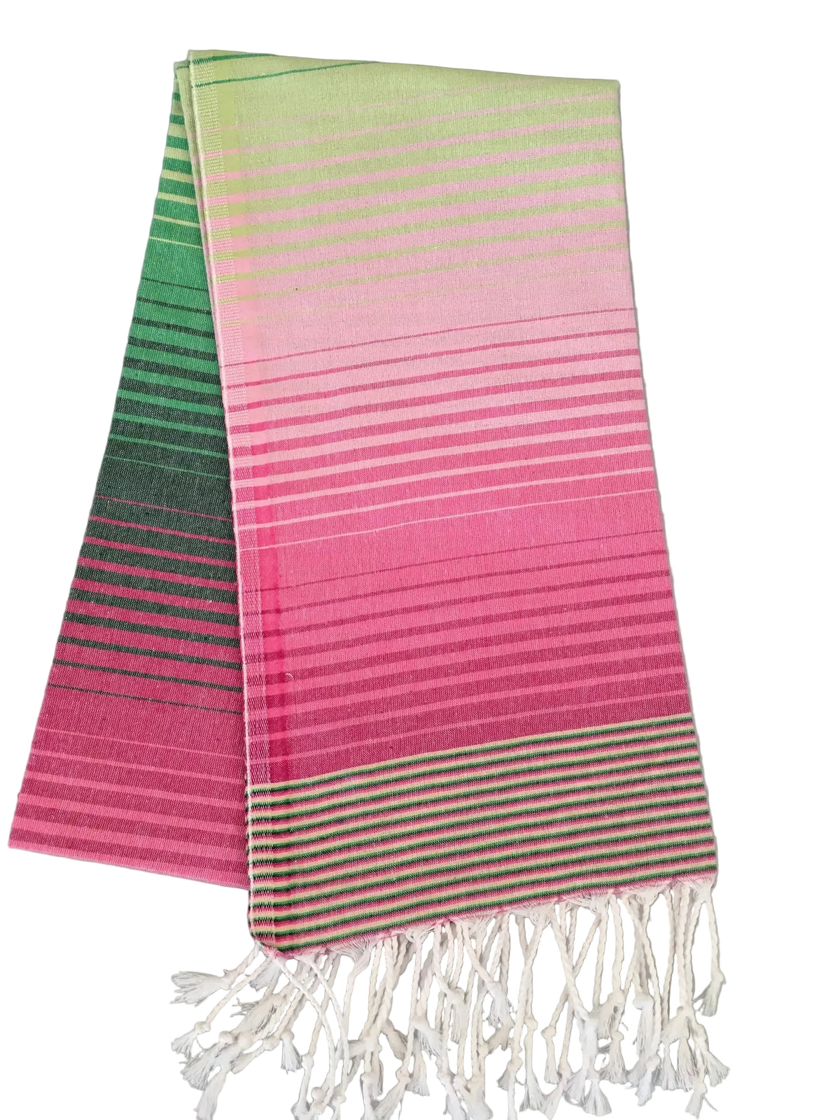 Kibyra peshtemal – pink and green gradient striped dobby towel with fringed edges