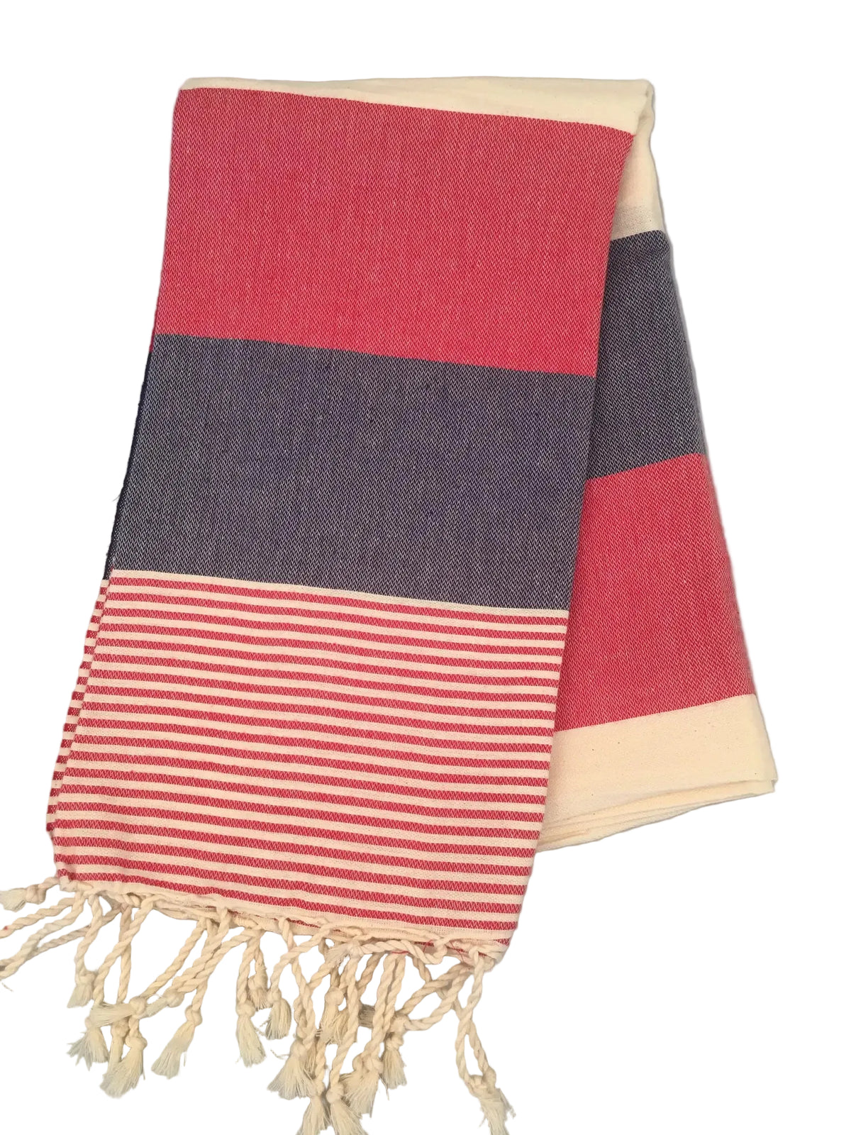 Lagina peshtemal – red and navy striped dobby towel with cream fringe