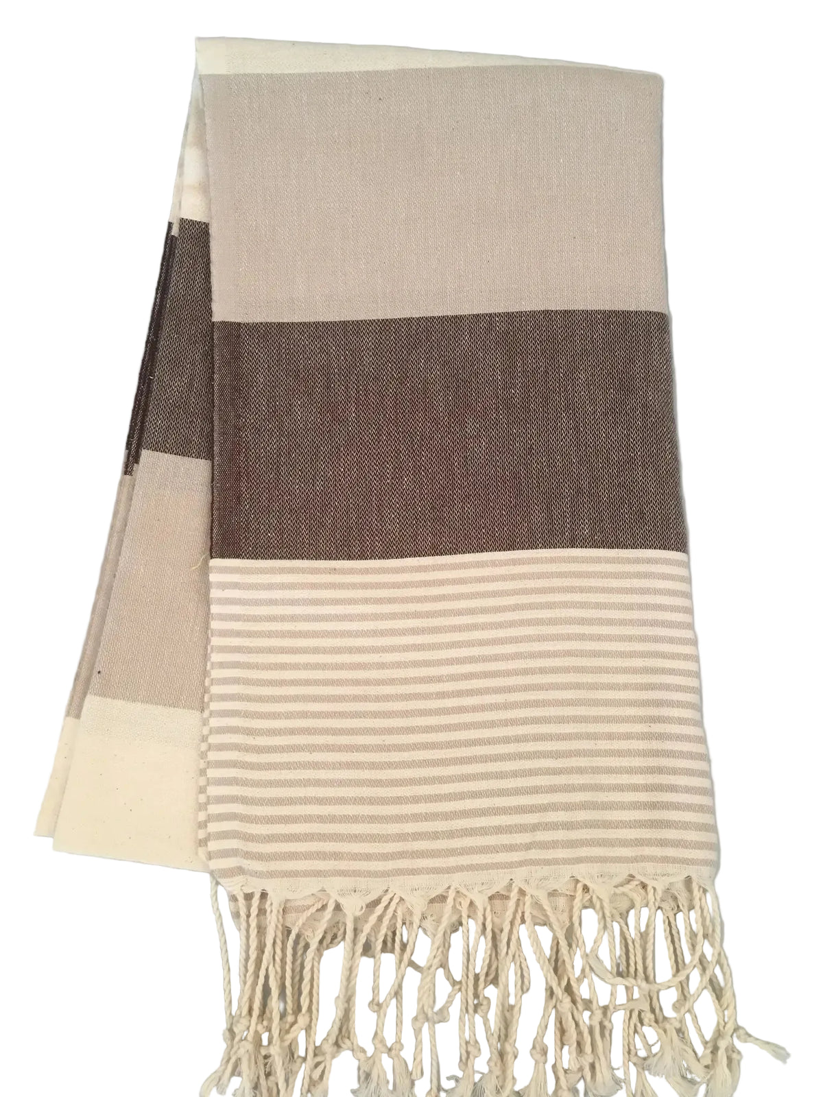 Lagina peshtemal – beige and brown striped Turkish towel with tasseled ends