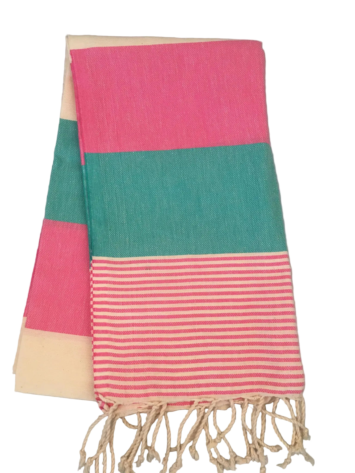 Lagina peshtemal – turquoise and pink striped Turkish towel with cream accents