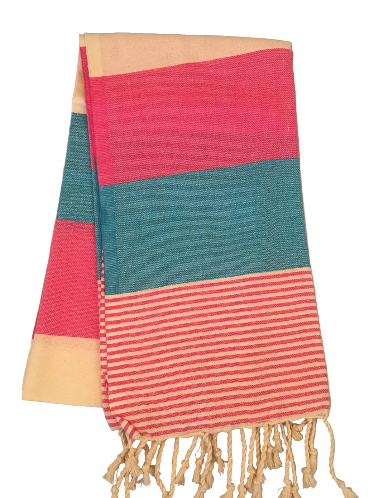 Lagina peshtemal – pink, teal and cream striped dobby towel with fringed edges