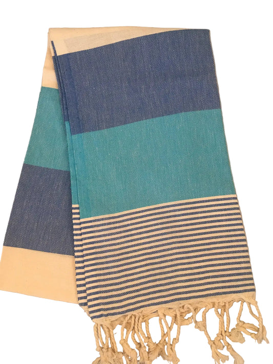 Lagina peshtemal – blue and turquoise striped Turkish towel with fringed edges