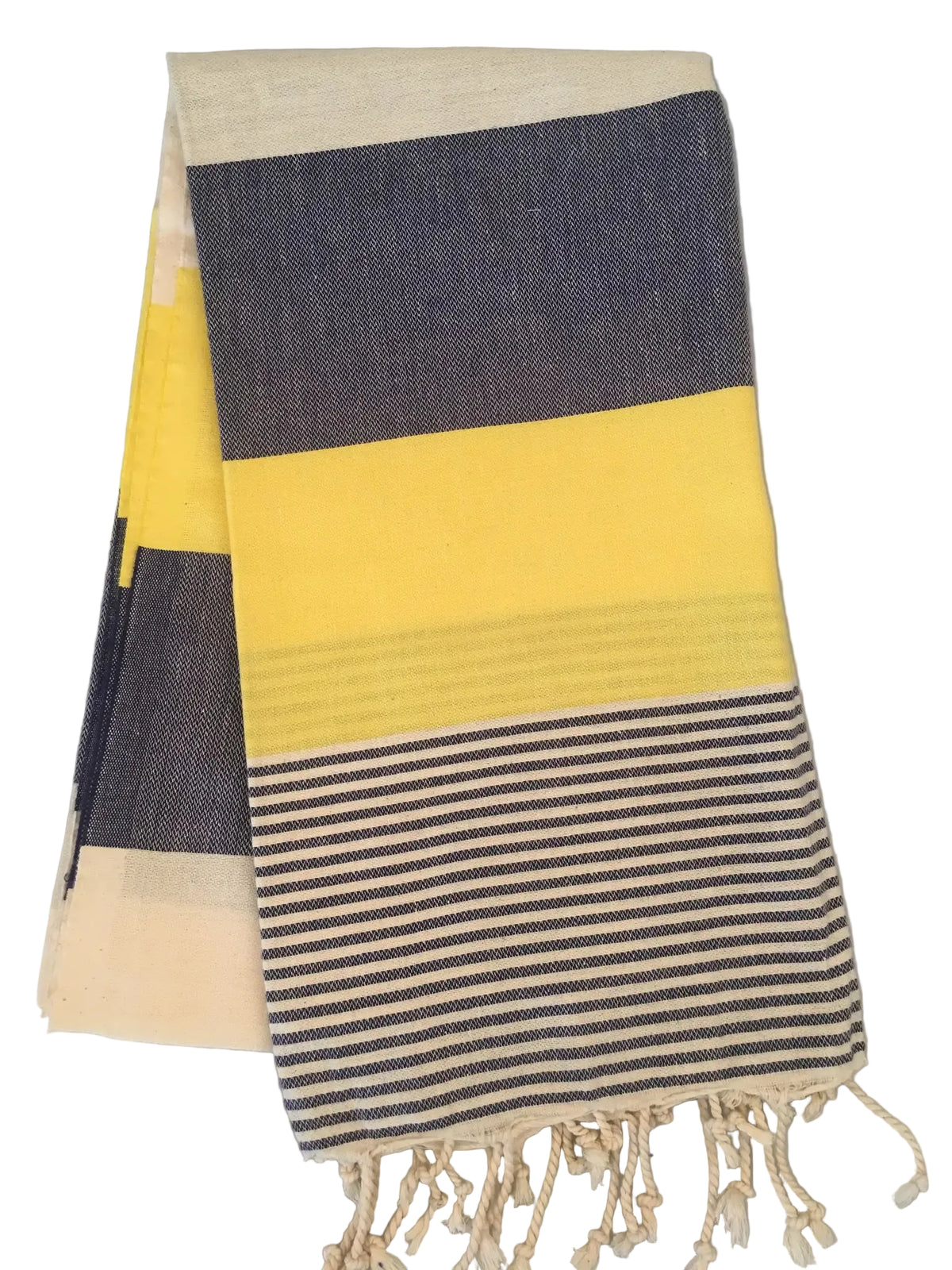 Lagina peshtemal – yellow and navy striped Turkish towel with fringed edges