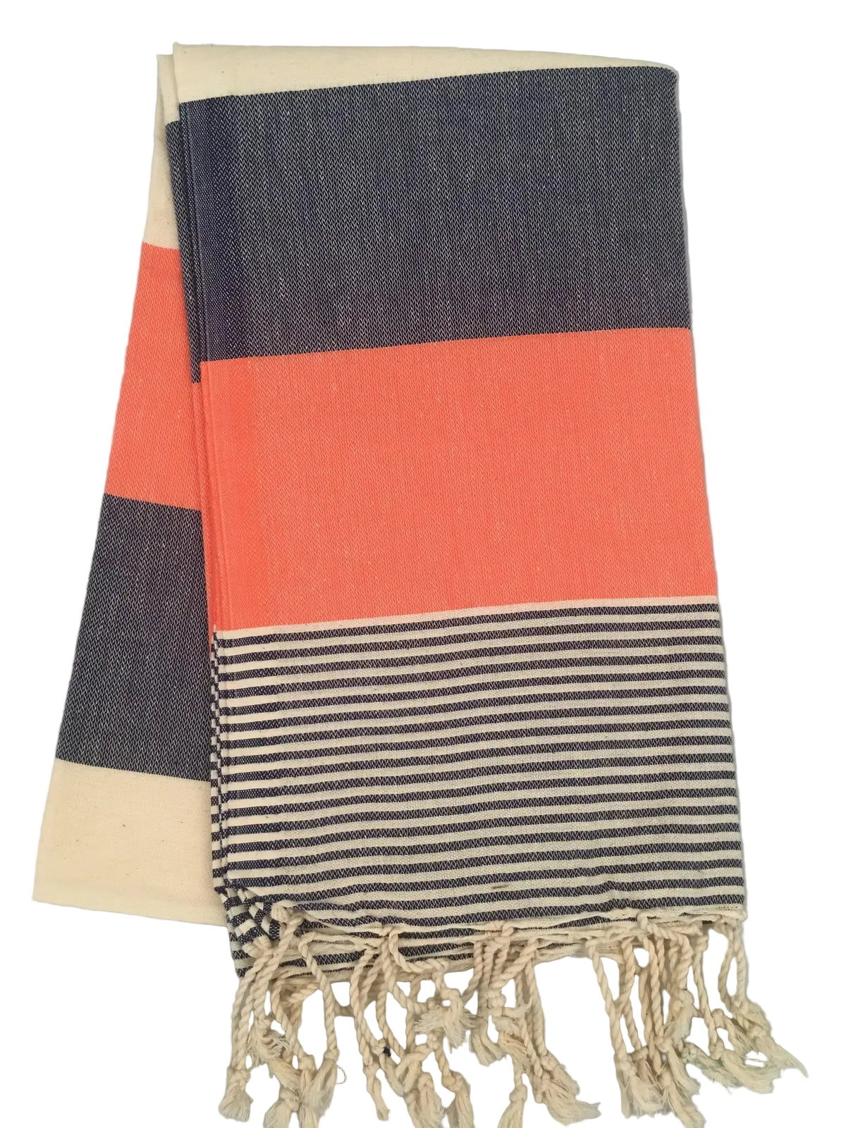 Lagina peshtemal – navy, coral and cream striped Turkish towel with fringed edges