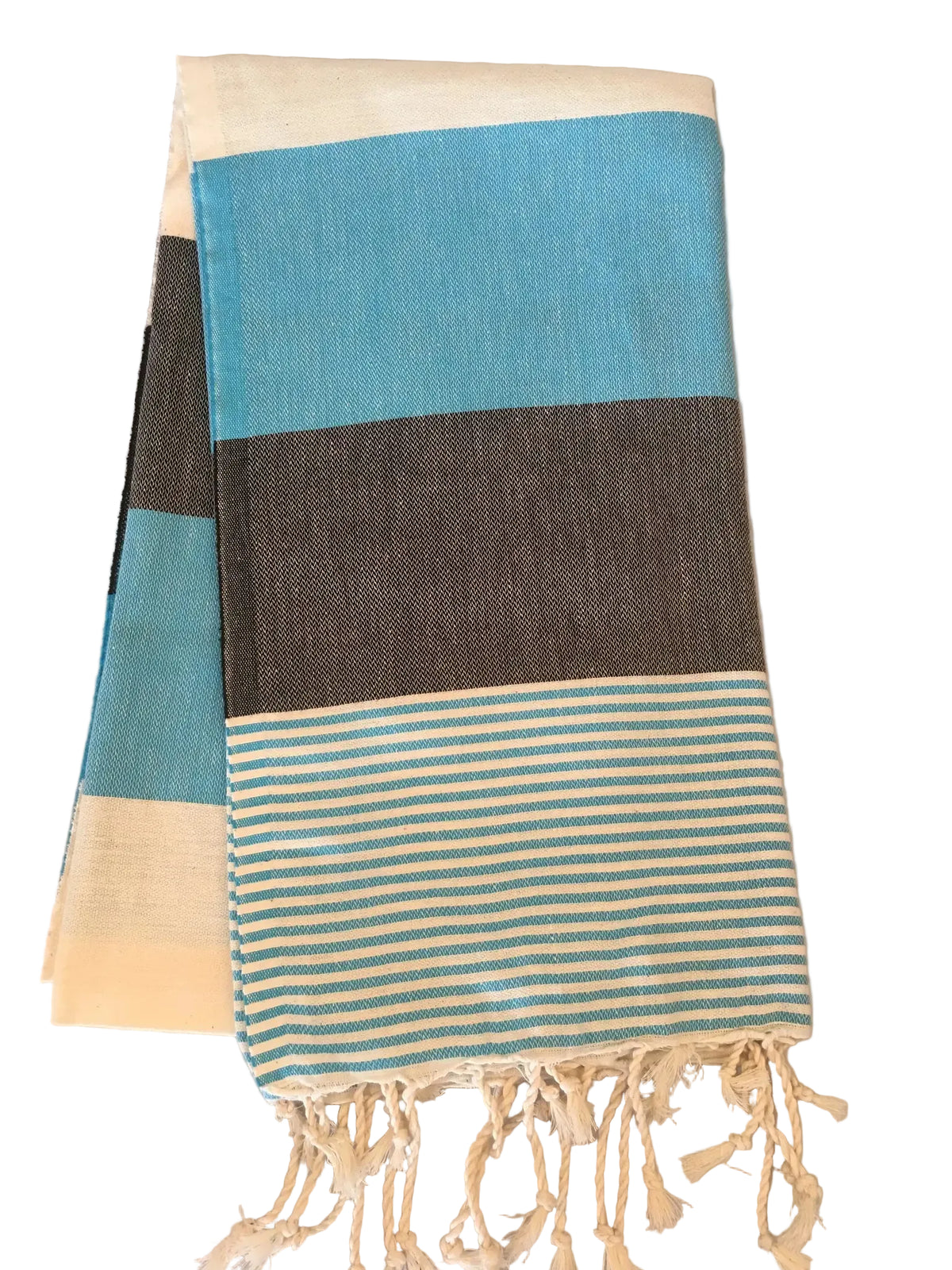 Lagina peshtemal – turquoise and gray striped dobby towel, folded